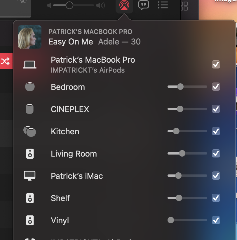 imPatrickT's tweet photo. just put in my AirPods to listen to some music and I was like "damn was there a spatial audio update? it sounds like it's playing all around me!"

ended up cranking the volume and vibing to 2 whole songs before I realized it was AirPlaying to every damn speaker I own. https://t.co/viMC8iNYvs