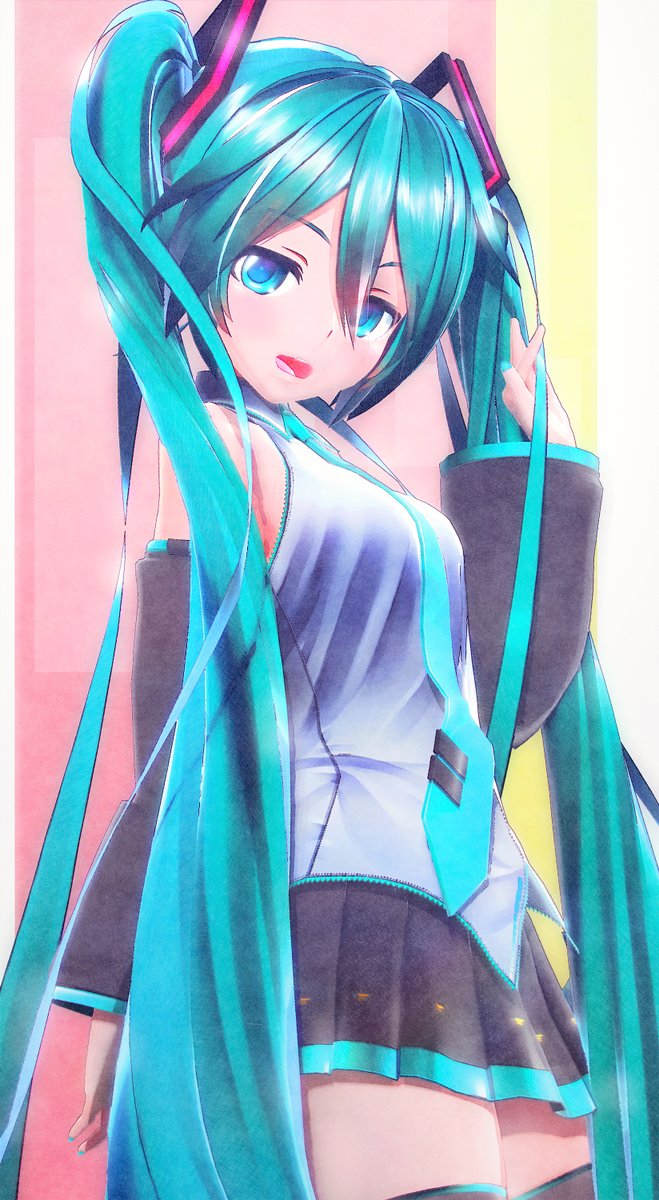 hatsune miku 1girl solo long hair twintails thighhighs very long hair detached sleeves  illustration images