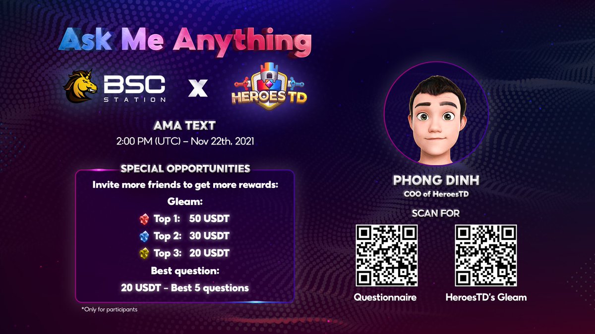 heroes_td's tweet photo. Join our AMA with BSCS at 9 PM (GMT +7) - November 22, 2021.
✨ Gleam: https://t.co/omRLz7G6he
🏆Join and claim BOUNTY at: https://t.co/Y9TjUlPIvb
#heroestd #nftgame #bscs https://t.co/R40maBAWqX