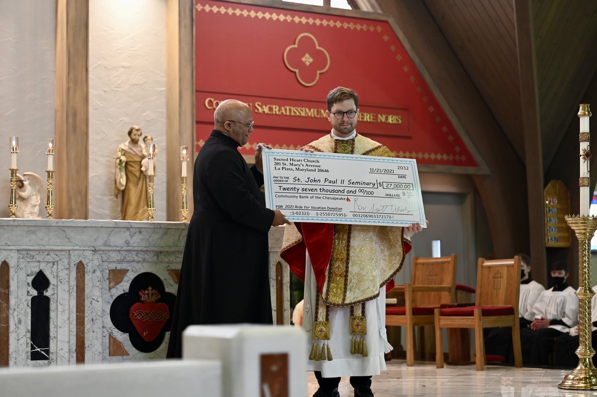 Honored to have had Fr. Kevin Regan, Vice Rector of St. John Paul II Seminary celebrate the 9am Mass this morning.

Father Scott Woods presented Father Regan with a check for $27,000 at the conclusion of the Mass. Next year's ride will be on October 1st. 
 <a href="/WashArchdiocese/">Catholic Archdiocese of Washington, DC</a>