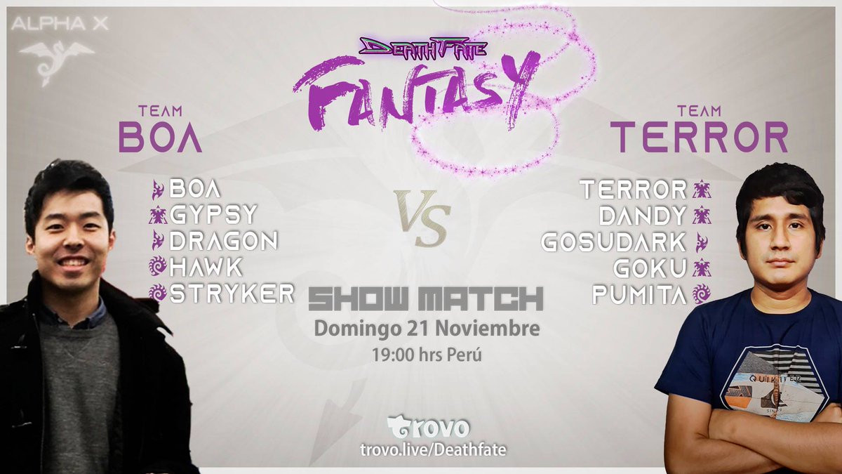 Estamos ya 🔴EN VIVO🔴 por <a href="/trovolive/">Trovo Live</a> con el ShowMatch #1 de la DeathFate Fantasy League 
Team BoA vs Team Terror
📺trovo.live/Deathfate
🎙️<a href="/JuanDeathfate/">Juan Bayona</a>
