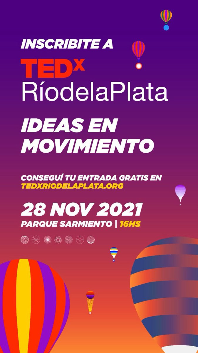 Anotá: Domingo 28/11 es el <a href="/TEDxRdelaP/">TEDxRíodelaPlata</a> Day en Parque Sarmiento. Entradas gratuitas pero limitadas. Inscripción ya acá: tedxriodelaplata.org

Oradores <a href="/Nicolas_Ajz/">Nico Ajzenman</a>, <a href="/bhaviboi/">bhavilonia</a>, <a href="/clotoson/">ClaudioDorso</a>, <a href="/spacegaucha/">Clara O'Farrell</a>, <a href="/InsomniosAticos/">Mariana Beatriz (aquí tirapiedras; pacífica en 🌃)</a> y +