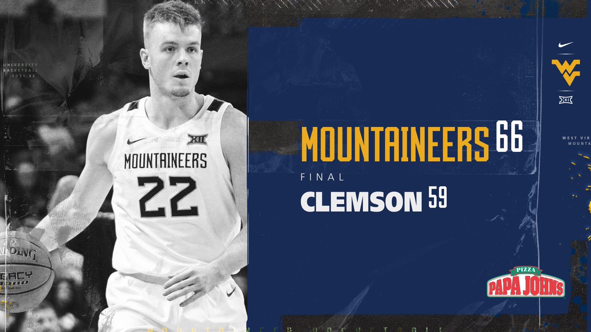 Cue Country Roads! West Virginia defeats Clemson, 66-59, to close out our trip to Charleston! #HailWV