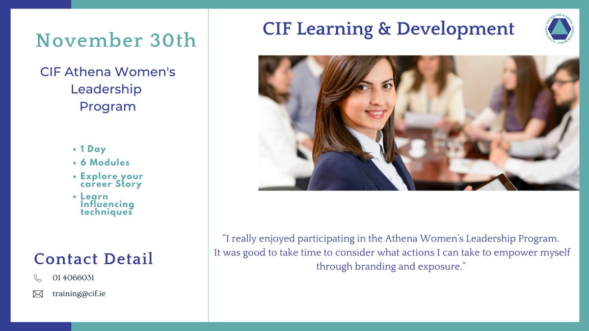 CIF_Training's tweet photo. The @CIF_Ireland Athena Women's Leadership Program aim is to help build a career story to create a positive impact, make a difference & inspire.
#womeninleadership #leadership #womeninconstruction #womeninbusiness #womenempoweringwomen #ciftraining
https://t.co/iuJXieUDWn https://t.co/wcbDJlHJC1
