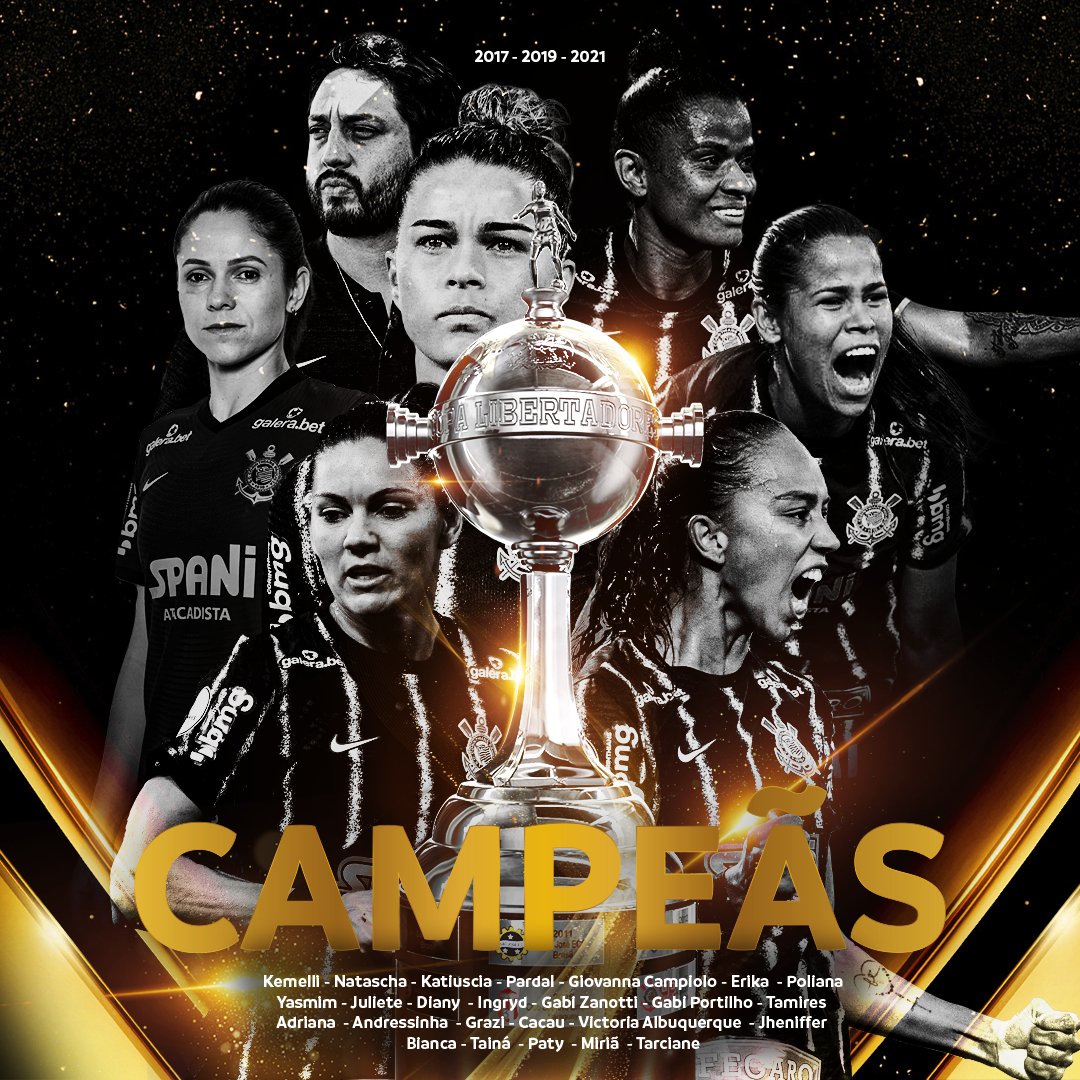 Corinthians's tweet photo. 1,2,3 vezes campeãs da América! SÃO AS BRABAS!!!!! 🏆🏆🏆

@SCCPFutFeminino bate o Ind. Santa Fe na decisão da @LibertadoresFEM e garante o tricampeonato continental. COMEMORA, FIEL!!!!! 💪🏾🙏🏾

#RespeitaAsMinas 
#VaiCorinthians https://t.co/mYdJPO9xSV