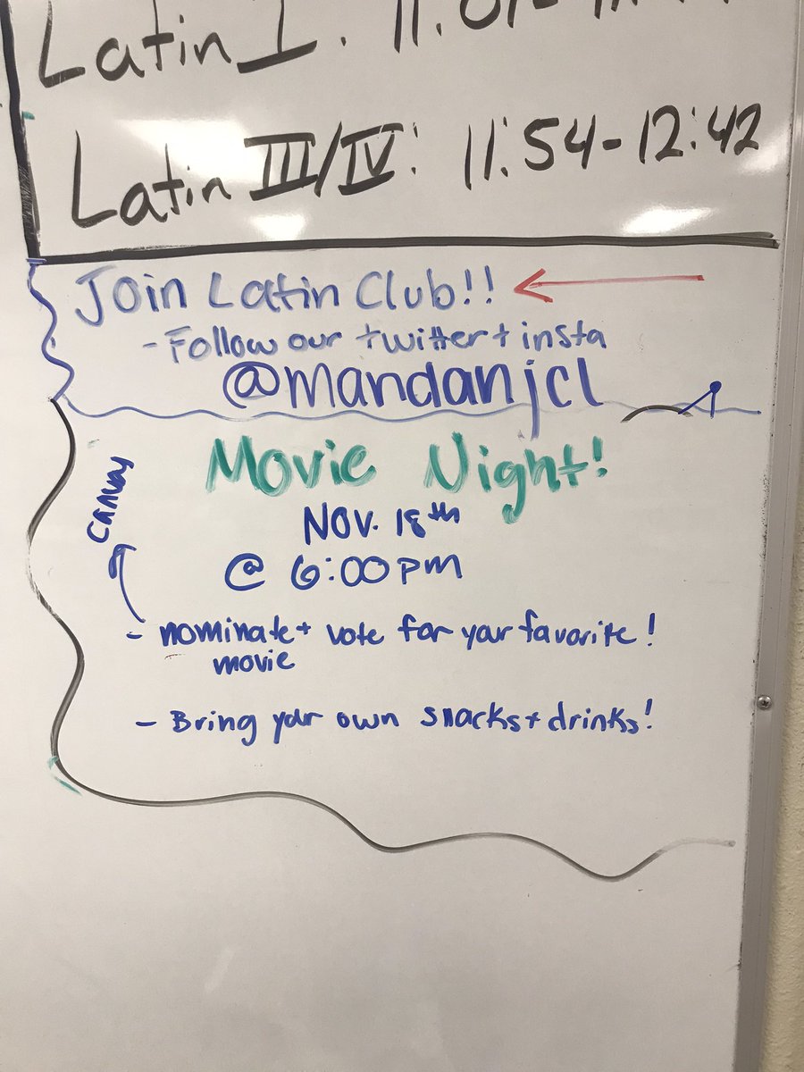MandanJCL's tweet photo. Latin Club Movie Night is this Thursday November 18th at 6:00 pm in the portable. 
Vote for your favorite movie in the movie night discussion on Canvas. 
Please bring your own snacks!🍿🧃
And as always….20 points of extra credit if you attend the event! https://t.co/82vcqI6bzT