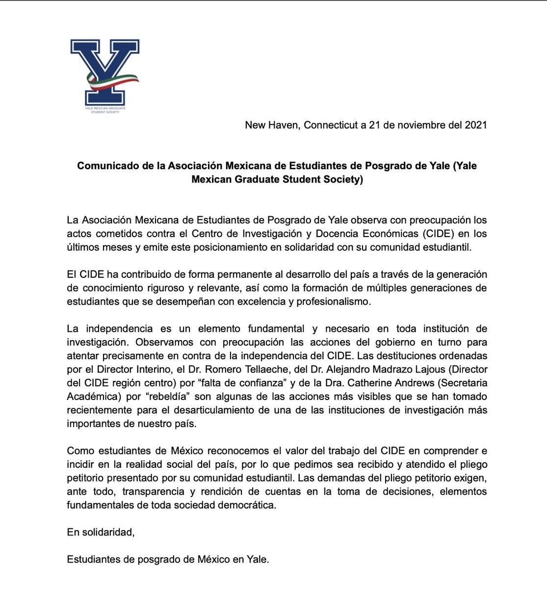 pacruma's tweet photo. Estudiantes de posgrado de 🇲🇽 en Yale expresamos nuestra solidaridad con el movimiento estudiantil del @CIDE.  #YoDefiendoAlCIDE #SomosCIDE https://t.co/4paW4kPswV