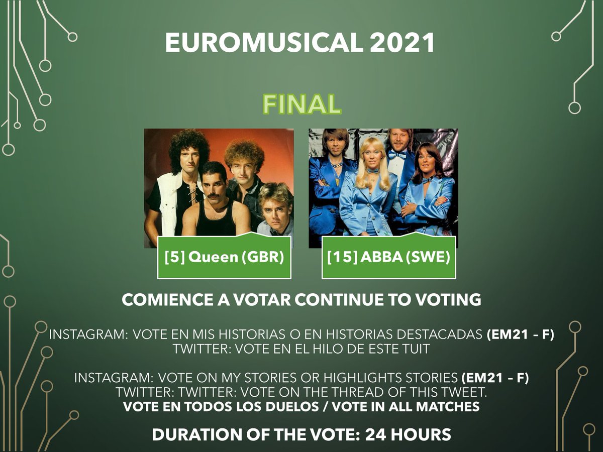 NAMTourOK's tweet photo. ARRANCA LA FINAL
En 24 horas, se definirá al CAMPEÓN de la #Euromusical 2021! A VOTAR Y COMPARTIR!!
THE FINAL STARTS
In 24 hours, the CHAMPION of the #Euromusical 2021 will be defined! TO VOTE AND SHARE !!
#Queen vs #ABBA
Vote en Instagram acá: https://t.co/JTKtCHPRBk https://t.co/KWDgUJVtAw