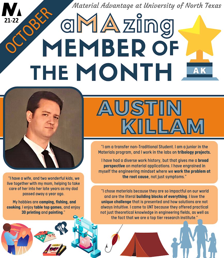UNT_MA's tweet photo. ⭐️Congratulations to our October aMAzing Member of the Month, Austin Killam!⭐️
Thank you for your participation & contributing so much in MA! We love having you in our aMAzing family🤩
#UNTengineering #UNT #UNTMA #MaterialAdvantage #aMAzingMEMBERofOCTOBER #GetInvolvedwithUNTMA https://t.co/zHeQZ2BRNZ