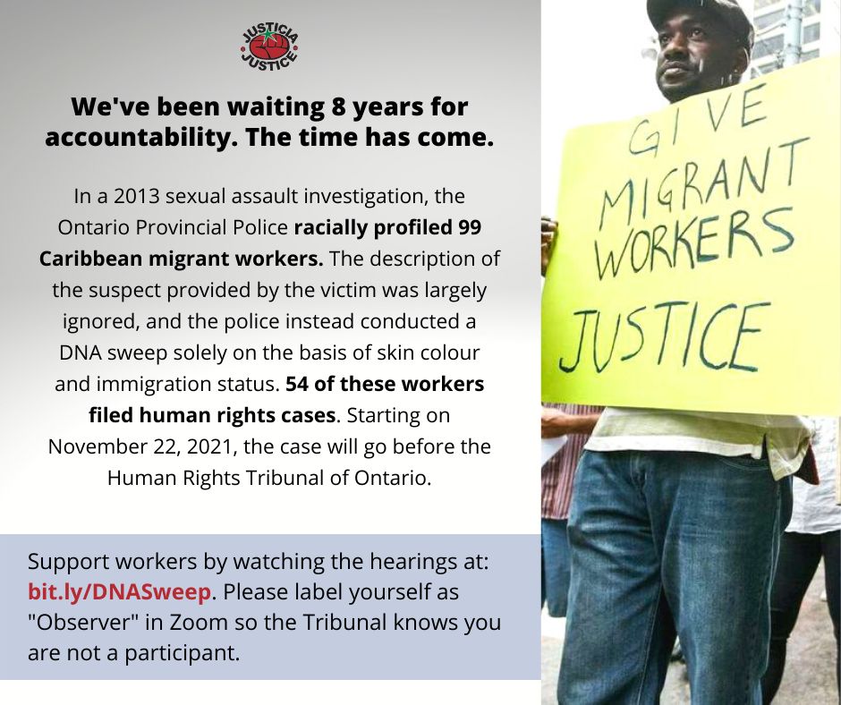 martinezdefence's tweet photo. In 2013 nearly one hundred migrant farm workers were wrongfully targetted in a DNA sweep carried out by the Ontario Provincial Police. Dozens of them joined together and sought justice at the Human Rights Tribunal of Ontario. Tomorrow their case will finally be heard. /1 https://t.co/Nvak1uDXe0