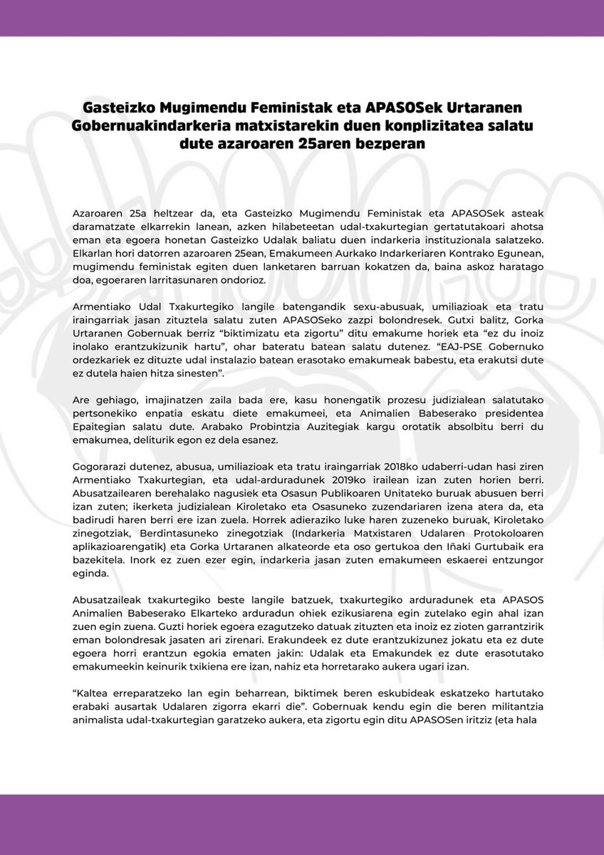 GasteizkoMF's tweet photo. ✍ EUS | Gasteizko Mugimendu Feministak eta APASOSek Urtaranen Gobernuak indarkeria matxistarekin duen konplizitatea salatzen dugu.
 
Hau indarkeria instituzionala da, indarkeria matxistaren konplize zarete. https://t.co/24BfynTkD1