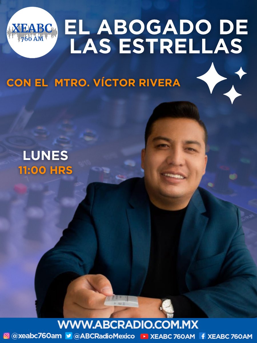 GpoRadioCanon's tweet photo. Enciende tu #Sintonía760 📻
 
Con #ElAbogadoDeLasEstrellas 👨🏻⚖️ conoce el mundo de las leyes ✨ en compañía del Mtro. Víctor Rivera [@ElElvic] 👨🏻‍💼
 
#AlAire los lunes a las 11h horas 🕚
 
En tu radio por el 760 de AM o https://t.co/flRgRltz2S https://t.co/ZUR1lT53s0