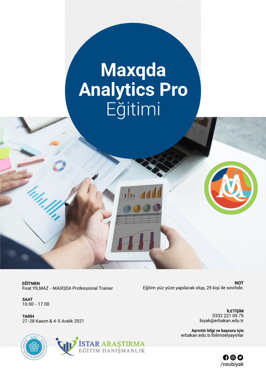 Üniversitemiz Bilimsel Yayınlar Koordinatörlüğü ve İstar Araştırma Eğitim Danışmanlık işbirliğiyle 27-28 Kasım ve 4-5 Aralık 2021 tarihlerinde  "Maxqda Analytics Pro" eğitimi düzenlenecektir.

Detaylı bilgi için👇
erbakan.edu.tr/duyuru/4245/un…
