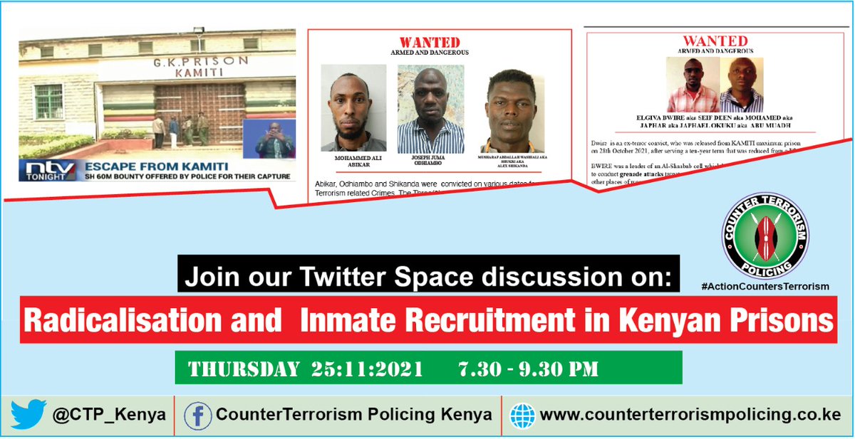 CTP_Kenya's tweet photo. Prisons are turning out to be epicenter for radicalization &amp; recruitment to terror groups like #AlShabaab hampering intended reforming of inmates.Join @CTP_Kenya Twitter Space on Radicalization &amp; Inmate Recruitment in Kenyan Prisons on 25/11/21 at 730PM.
#ActionCountersTerrorism https://t.co/Cd8Mqnqupo