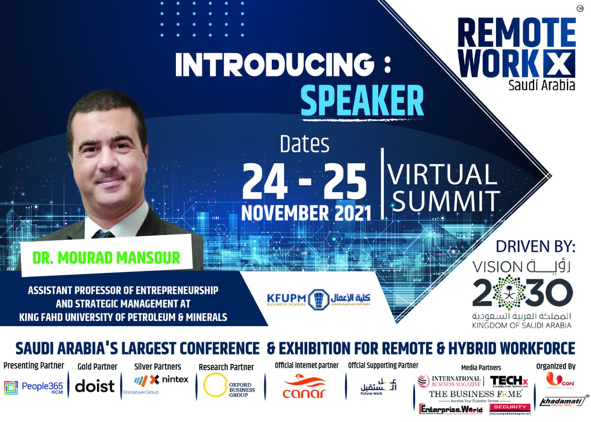 remote_workx's tweet photo. Ucon presents Dr. Mourad Mansour as a Speaker for #RemoteWorkx Saudi Arabia!
#remoteworking #wfh #remoteworks #WorkFromHome #RemoteMovement #saudiarabia #saudi #vision2030 #saudievents #kingdom #المواردالبشرية #السعودية #رؤيةالسعودية_2030 #تطوير #عمل #عن #بعد https://t.co/R760jqeziB