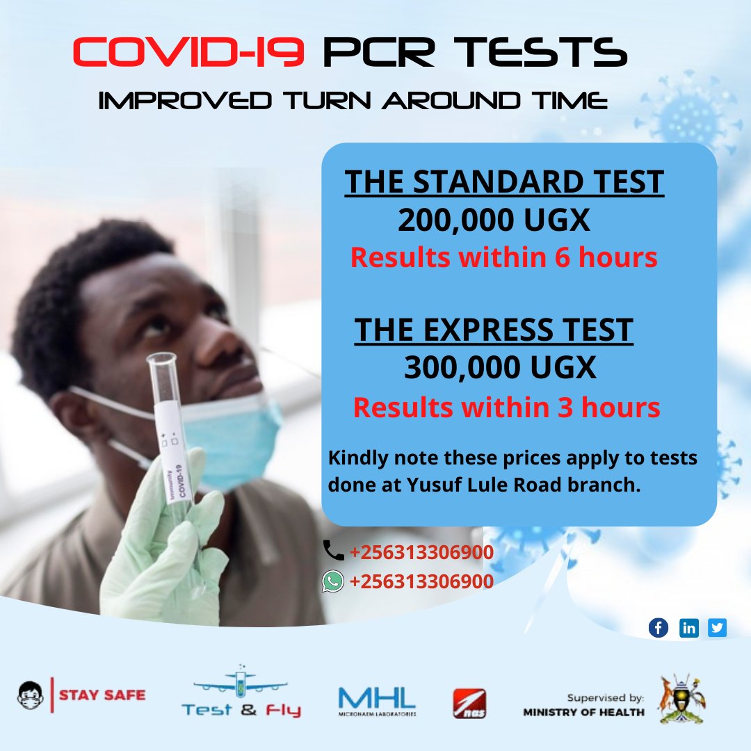 testandfly's tweet photo. We have improved the turnaround time of the COVID-19 PCR tests. At a fee of 200,000 UGX, you get results within 6 hours. At a fee of 300,000 UGX, you get results within 3 hours.

Kindly note that these prices apply to the tests done at Yusuf Lule Road.

#COVID19 #pcrt #Testandfly https://t.co/gjMHmQCNnh