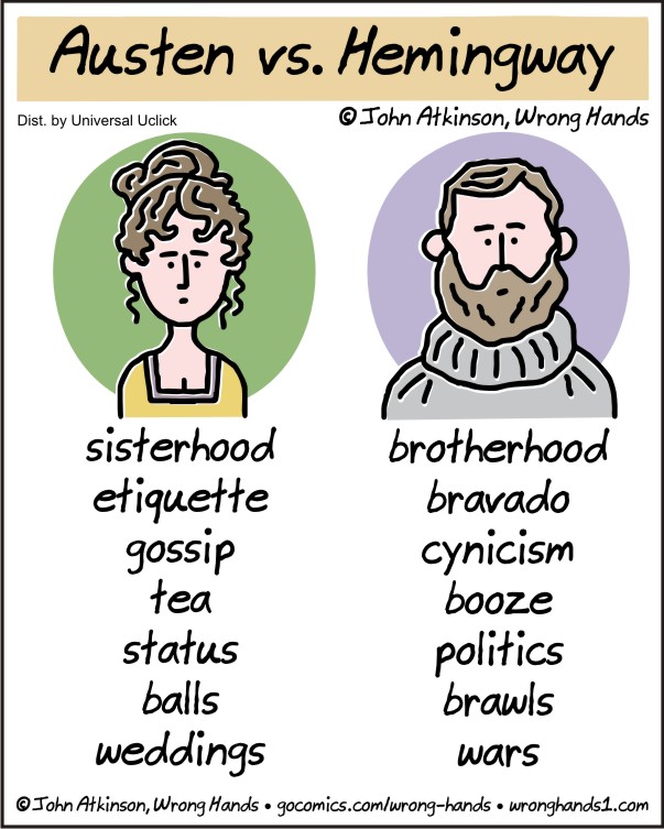 Austenprose's tweet photo. Another great comic from @WrongHands1. What camp are you in? #JaneAusten vs #ErnestHemingway https://t.co/SPwddPENJj