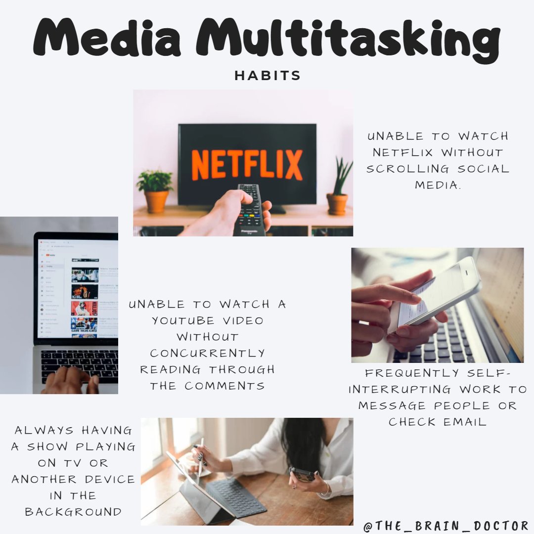the_braindoctor's tweet photo. Media multitasking is becoming increasingly prevalent with reports of people unable to watch Netflix without scrolling on their phones or unable to watch YouTube without reading the comments.
How many of these habits can you relate to?
#mediamultitasking #mondaythoughts https://t.co/JQ2bGtK7j1