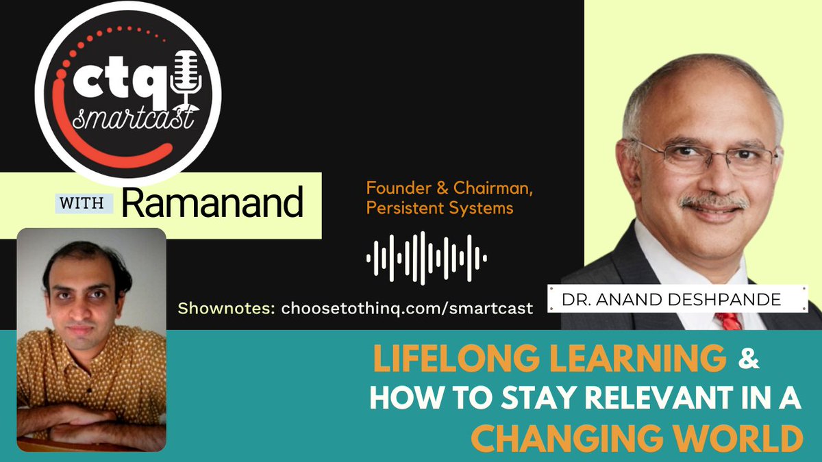 choosetothinq's tweet photo. #MindMonday
 
What models can you follow to grow and #uplevel? Today’s recommendation is a #CTQSmartcast where @quatrainman talks to Persistent founder @anandesh about lifelong learning and how to stay relevant in a changing world. 
 
Check it out here: https://t.co/mXZf70TtIS https://t.co/pd2ZLELDGo