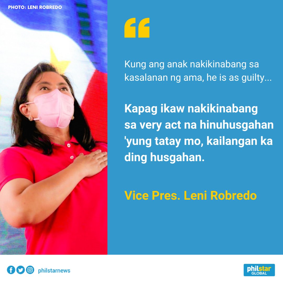In her interview with Rated Korina, Vice President Leni Robredo answered the question: "Ang kasalanan ba ng ama ay dapat isisi sa anak?" regarding presidential aspirant Bongbong Marcos.