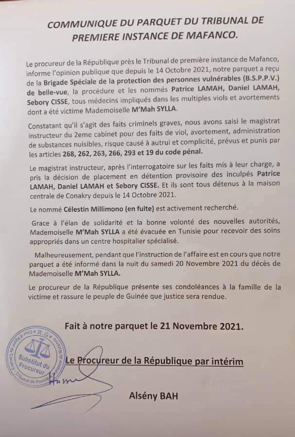 COMMUNIQUÉ DU PARQUET DU TRIBUNAL DE PREMIÈRE INSTANCE DE MAFANCO
#Mmahsylla