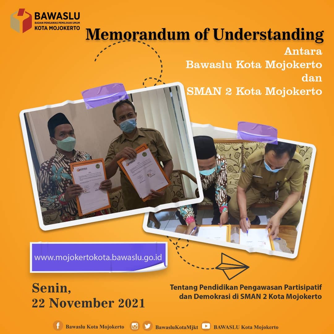 BawasluKotaMjkt's tweet photo. Senin, 22 November 2021, Bawaslu Kota Mojokerto melakukan penandatanganan kerjasama (MoU) dengan SMAN 2 Kota Mojokerto tentang Pendidikan Pengawasan Partisipatif dan Demokrasi.
#SMAN2KotaMojokerto
#bawaslukotamojokerto
#smanda #Kotamojokerto #mou #kerjasama https://t.co/ocaPK550jk
