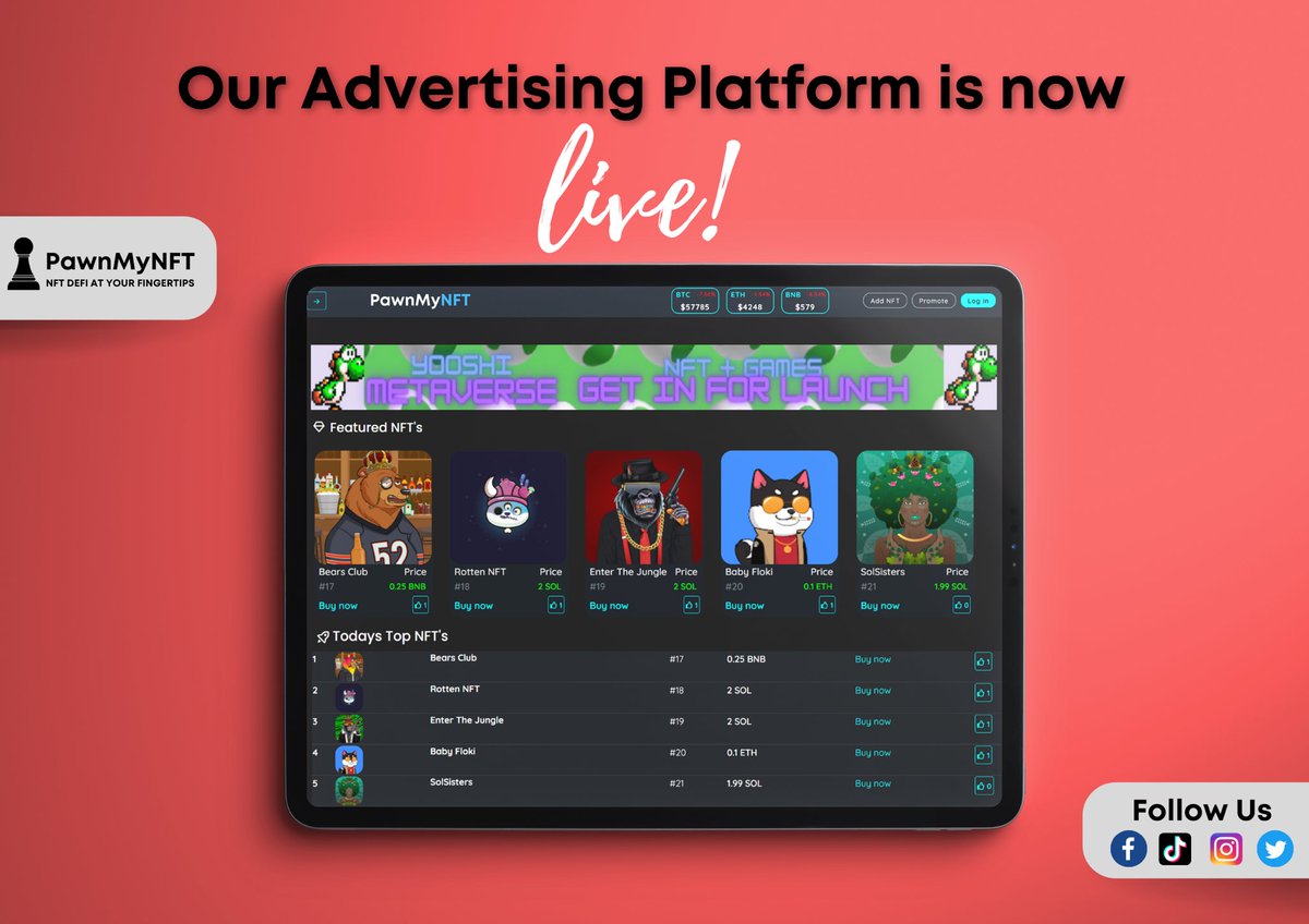 PawnMyNFT's tweet photo. Finally we can announce our platform to be live! We are so pumped! Stress test is live! Let’s work together, and fix the minor issues! ONE STEP AT THE TIME - CHANGING THE GAME!

https://t.co/CizUWWO9FO

#Crypto #BSC #BNB #SAFEMOON #SHIB #SOL #cryptocurrency #Binance #PancakeSwap https://t.co/jYDrN2TheP