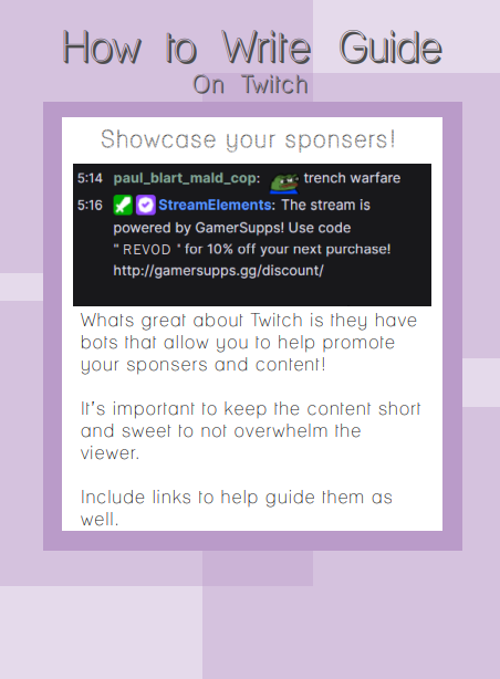 akw0531's tweet photo. This section I believe is the strongest out of my guide. This section showcases how to properly promote your sponsors without overwhelming the viewer. On this platform, Twitch, it needs to be short, cause it's a very video-based platform. #engl318mu https://t.co/RpD2Qap4D8