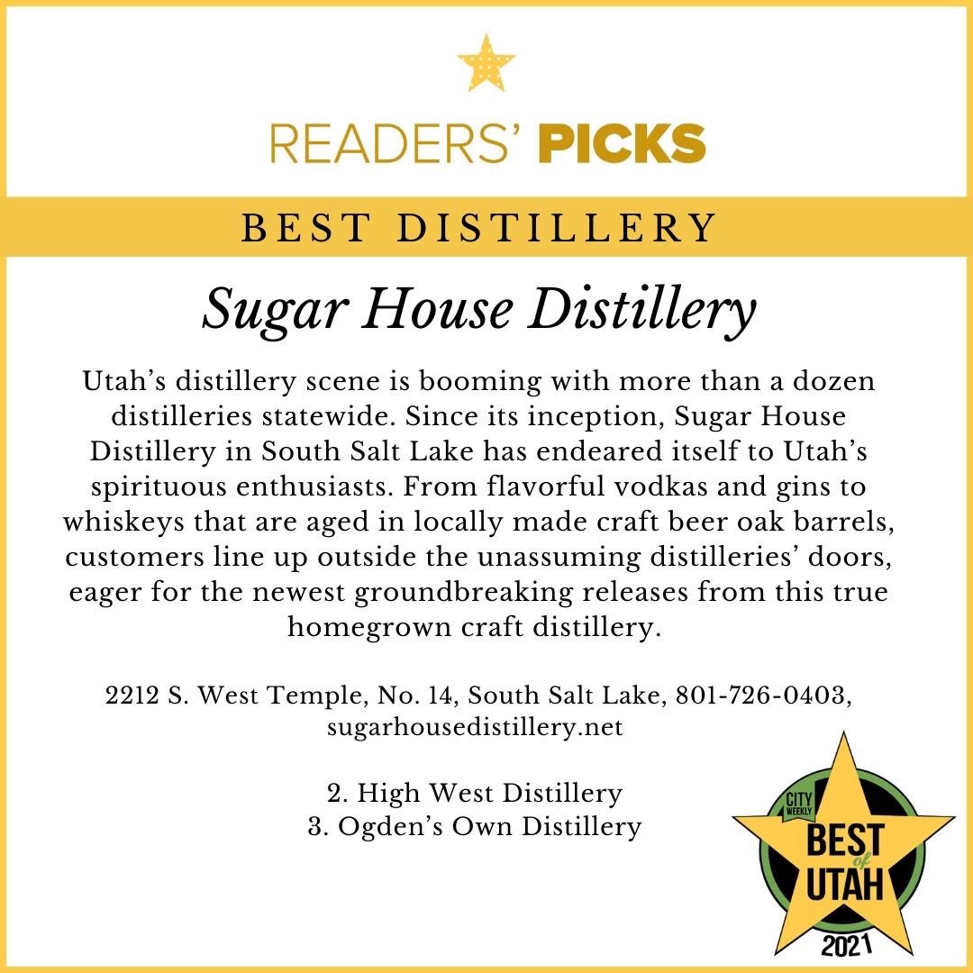Congratulations to <a href="/SHDistillery/">SugarHouseDistillery</a>, voted best distillery by City Weekly readers. They will be serving drinks at our upcoming Best of Utah Party so be sure to get your tickets to the event soon! 🥂

Tickets here:
cwstore.cityweekly.net/EventMicroSite…