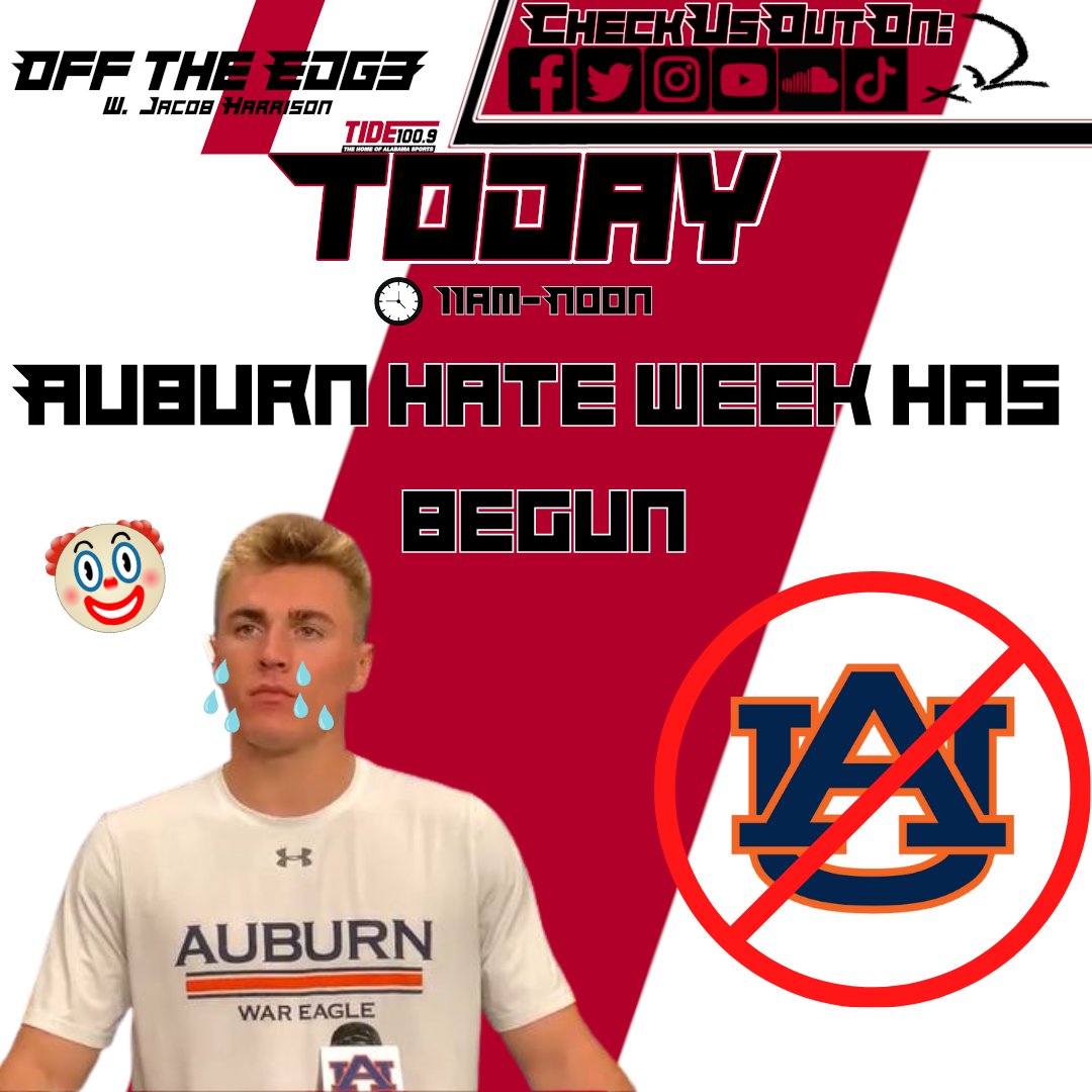 OffTheEdge1009's tweet photo. We all know what week it is... Join your
host, @JHarrisonOTE, to talk all about last week's
win over Arkansas and more! Only on @Tide1009!

Join the conversation! (205) 342-9904

#AlabamaCrimsonTide #SECFootball #CollegeFootball
#IronBowl #AuburnFootball #RollTide https://t.co/ps6A7XjLiW