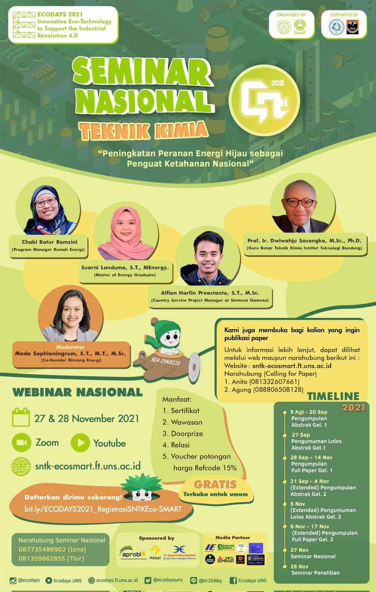 EcodaysUNS's tweet photo. [ SNTK Eco-SMART 2021 ]

Teknik Kimia Universitas Sebelas Maret mempersembahkan

- SEMINAR NASIONAL TEKNIK KIMIA -
🧪 Peningkatan Peranan Energi Hijau sebagai Penguat Ketahanan Nasional 🧪 https://t.co/cB3gtTSZDz
