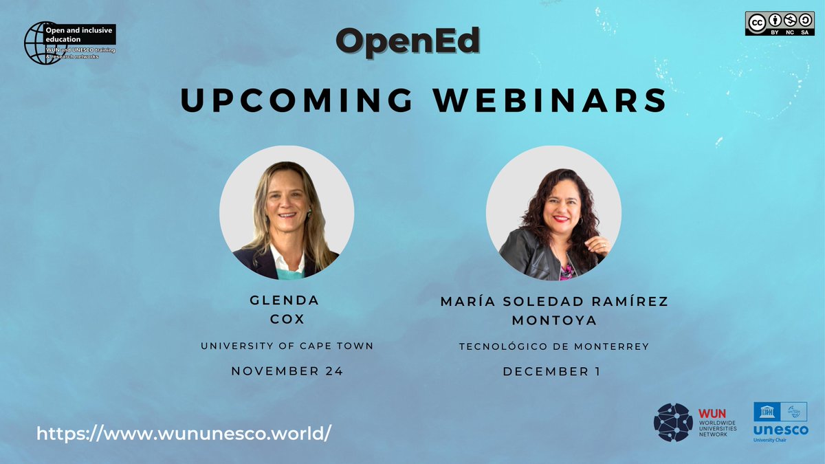 2 days are left until the penultimate webinar of the OpenEd Program. If you have not registered, we share our website for you to attend and learn more about Open and Inclusive Education: wununesco.world/registro?lang=…
@WUNetwork <a href="/UNESCO/">UNESCO 🏛️ #Education #Sciences #Culture 🇺🇳</a> #OpenEd #OpenEducation #InclusiveEducation
