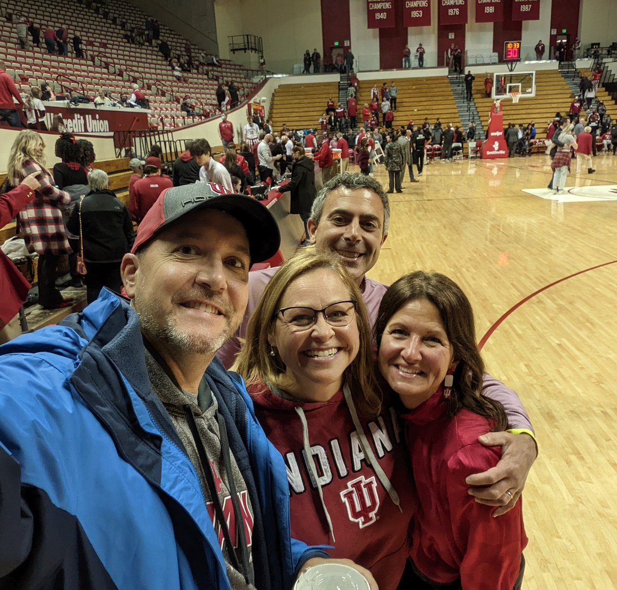 QuipsofQ's tweet photo. Great night @IndianaUniv: Hoosier win seen from better seats than where we started bc @brianteach saw a former student. Ran into NSHS &amp; IU fellow grads Shannon &amp; Julie Getty &amp; their son, Jonah-an IU cheerleader.Finally, on the floor for photos. Go IU! Fight! Fight! Fight! https://t.co/BxU3aEiKHY
