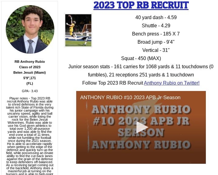 Scout Trout on Twitter "RB Anthony Rubio Belen Jesuit 5'9",171 (FL