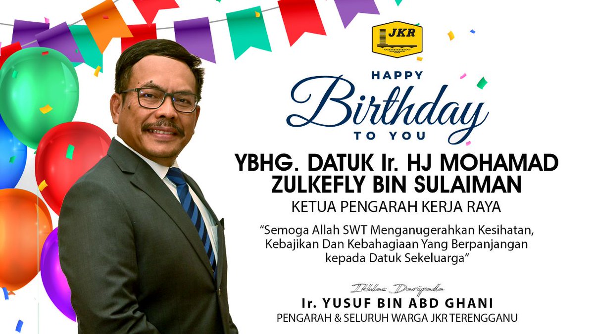 JKR Terengganu (@jkrterengganu) on Twitter photo Selamat Mensyukuri Hari Kelahiran YBhg.Datuk Ir.Hj.Mohamad Zulkefly Sulaiman <a href="/IrZulkefly/">Mohd Zulkefly S</a> Ketua Pengarah Kerja Raya <a href="/JKRMalaysia/">JKR Malaysia</a> “Semoga Allah SWT Menganugerahkan Kesihatan,Kebajikan & Kebahagiaan Berpanjangan kpd Datuk Sekeluarga” Ikhlas drpd Pengarah <a href="/yusufghani200/">تذكرة</a> &Warga JKRTrg Selamat Mensyukuri Hari Kelahiran YBhg.Datuk Ir.Hj.Mohamad Zulkefly Sulaiman <a href="/IrZulkefly/">Mohd Zulkefly S</a> Ketua Pengarah Kerja Raya <a href="/JKRMalaysia/">JKR Malaysia</a> “Semoga Allah SWT Menganugerahkan Kesihatan,Kebajikan & Kebahagiaan Berpanjangan kpd Datuk Sekeluarga” Ikhlas drpd Pengarah <a href="/yusufghani200/">تذكرة</a> &Warga JKRTrg