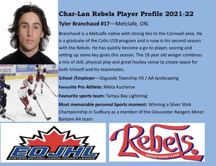 #PlayerProfile Finishing off a great weekend with our next Rebels player profile! 2nd year, 18 year old forward <a href="/TylerBranchaud/">Tyler Branchaud</a> ! #GoRebsGo