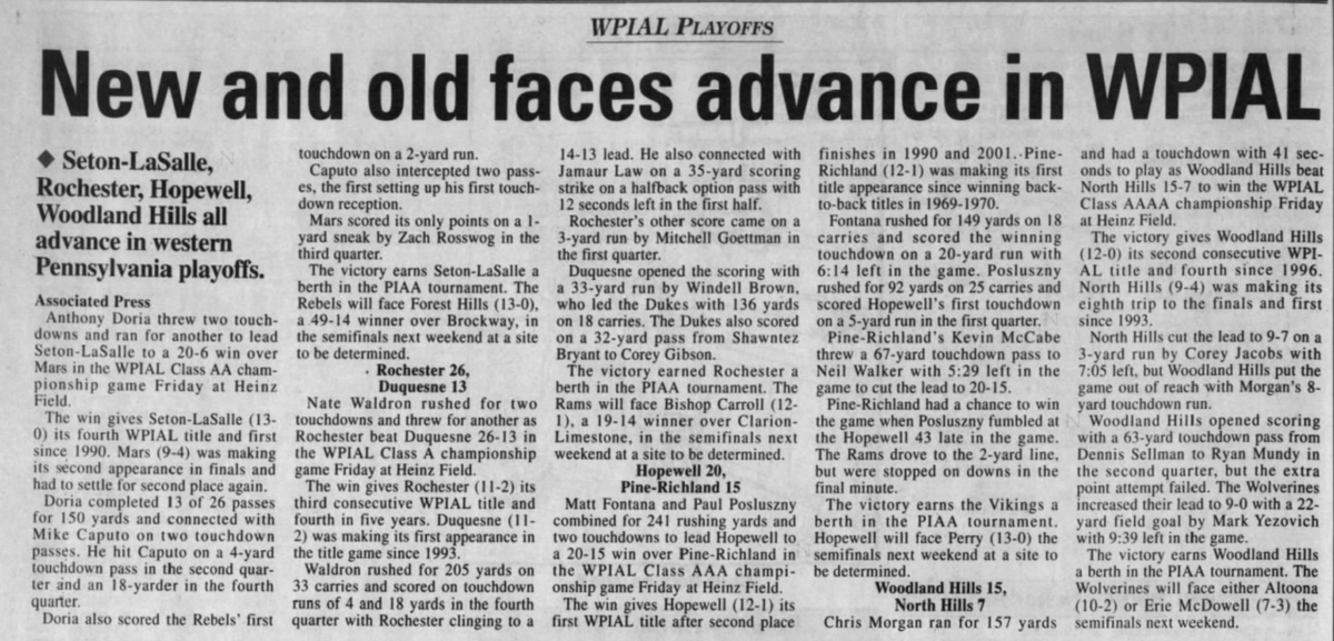 Today in PA High School Football History

Nov. 22, 2002

WPIAL title game results, including mentions of future NFL players Paul Posluszny and Ryan Mundy.

<a href="/Hopewell_Viking/">Hopewell High School</a> <a href="/WoodyHigh/">Woodland Hills FB</a> <a href="/SLS_Football/">Rebel Football</a> <a href="/RochesterAthle1/">Rochester Athletics</a> <a href="/PRRamsFootball/">Pine-Richland Football Champions Account</a> <a href="/NHAthletics_/">North Hills Athletics</a> <a href="/MarsHSFootball/">Mars Area HS Football (PA)</a> <a href="/WPIAL_Blitz/">WPIAL Blitz</a>