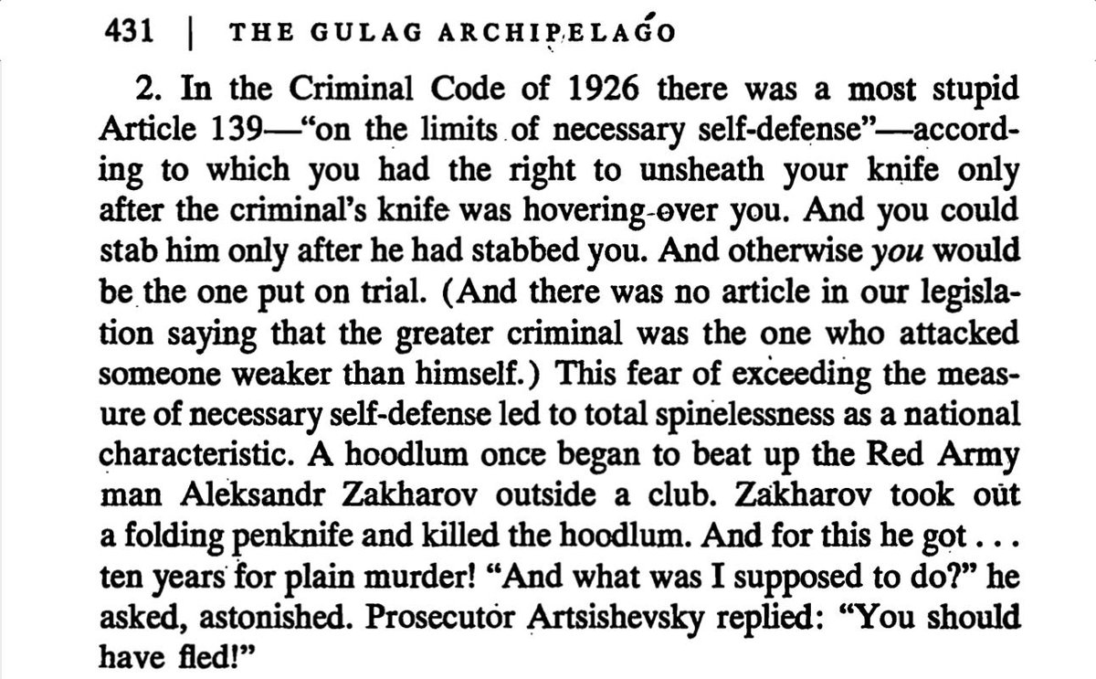 ConceptualJames's tweet image. Solzhenitsyn on self-defense under the Soviet Union. Sound familiar?