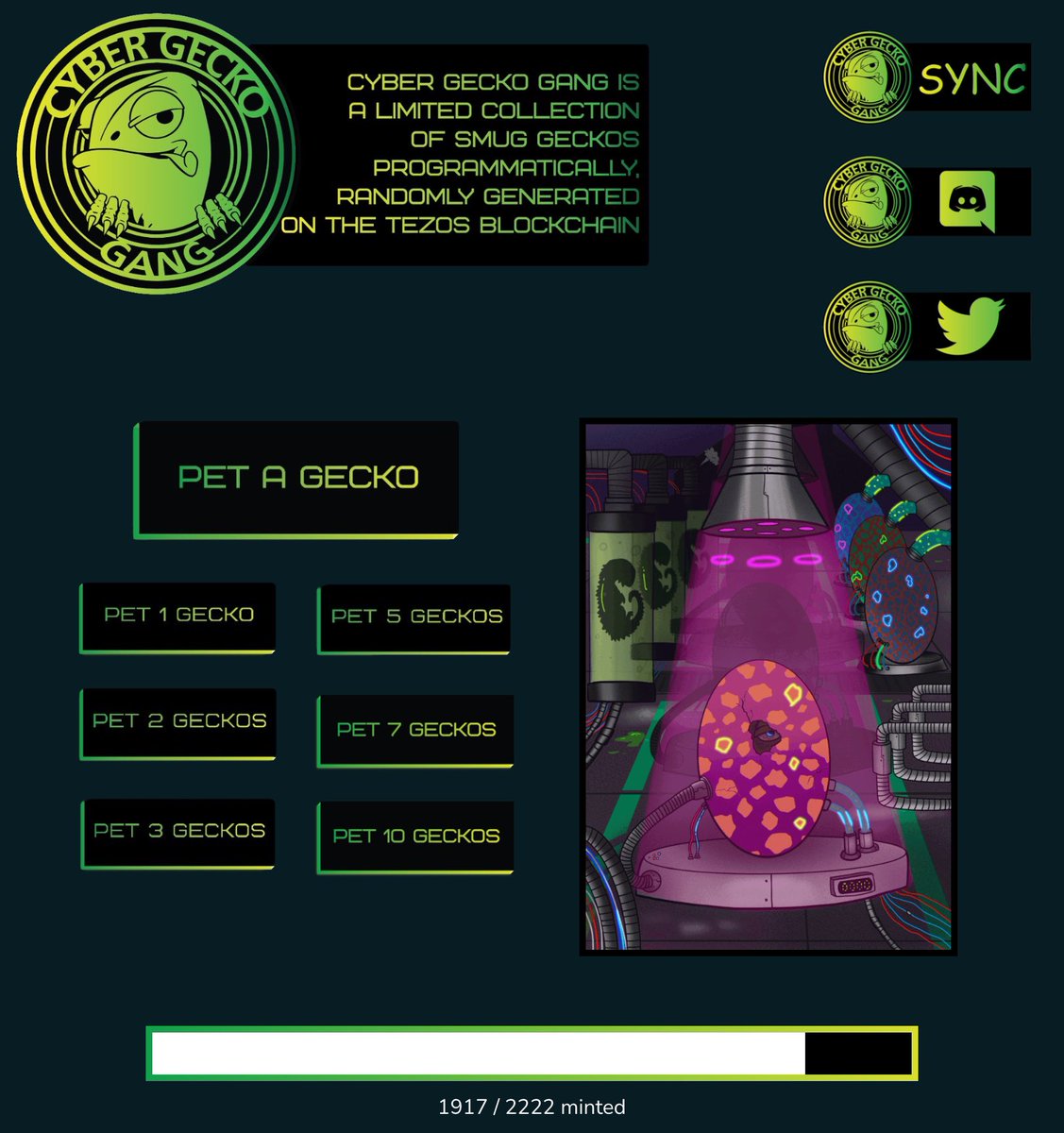 Regardless FUD of not being listed on <a href="/objktcom/">objkt</a> #tez family got our back to make us hit +85% minted Geckos. We would be going live on OBJKT website anytime now. Here is your last chance to mint 14% Geckos, Links👇
Website: cybergeckogang.xyz
Discord: discord.gg/Fxcujswj