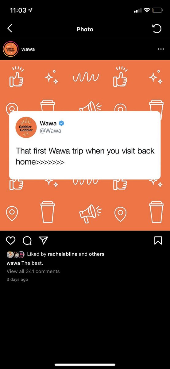 rorib6's tweet photo. @blairadowler This week, WaWa posted an ad in light of people traveling home for the holidays. I really liked this post because it was very warm hearted &amp; makes me wish I had a WaWa in Cleveland. #mktg475 https://t.co/zwBeWciEDV