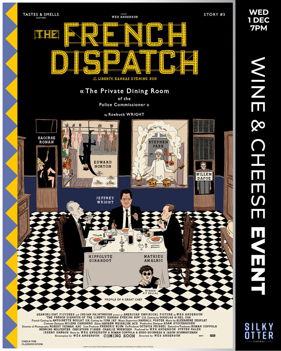so_cinemas's tweet photo. You are warmly invited to a Wine &amp; Cheese Soirée at Silky Otter Cinemas Wigram. 
Wednesday 1st December at 6:30pm
Don't miss this one night only advance screening of Wes Anderson’s #TheFrenchDispatch
Tickets are on sale now: https://t.co/VsGtNlFDMN https://t.co/BUH5vYxU3V