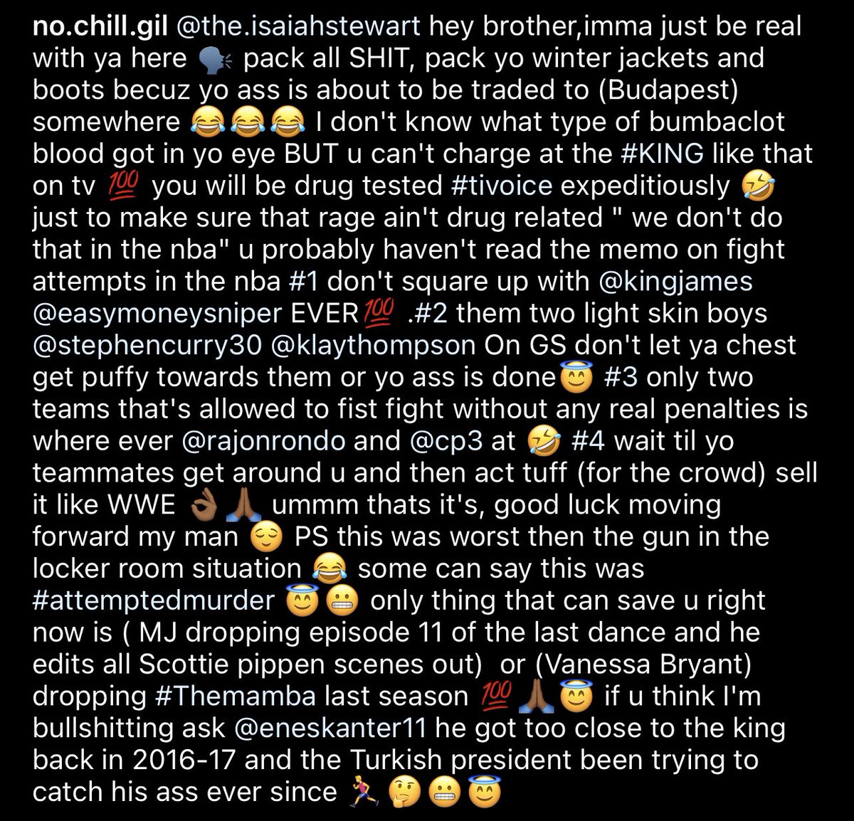 TheDunkCentral's tweet photo. “U can't charge at the #KING like that on tv 💯 you will be drug tested #tivoice expeditiously…u probably haven't read the memo on fight attempts in the nba #1 don't square up with @kingjames @easymoneysniper EVER💯” 

- Gilbert Arenas to Isaiah Stewart https://t.co/7HWKeuKEws