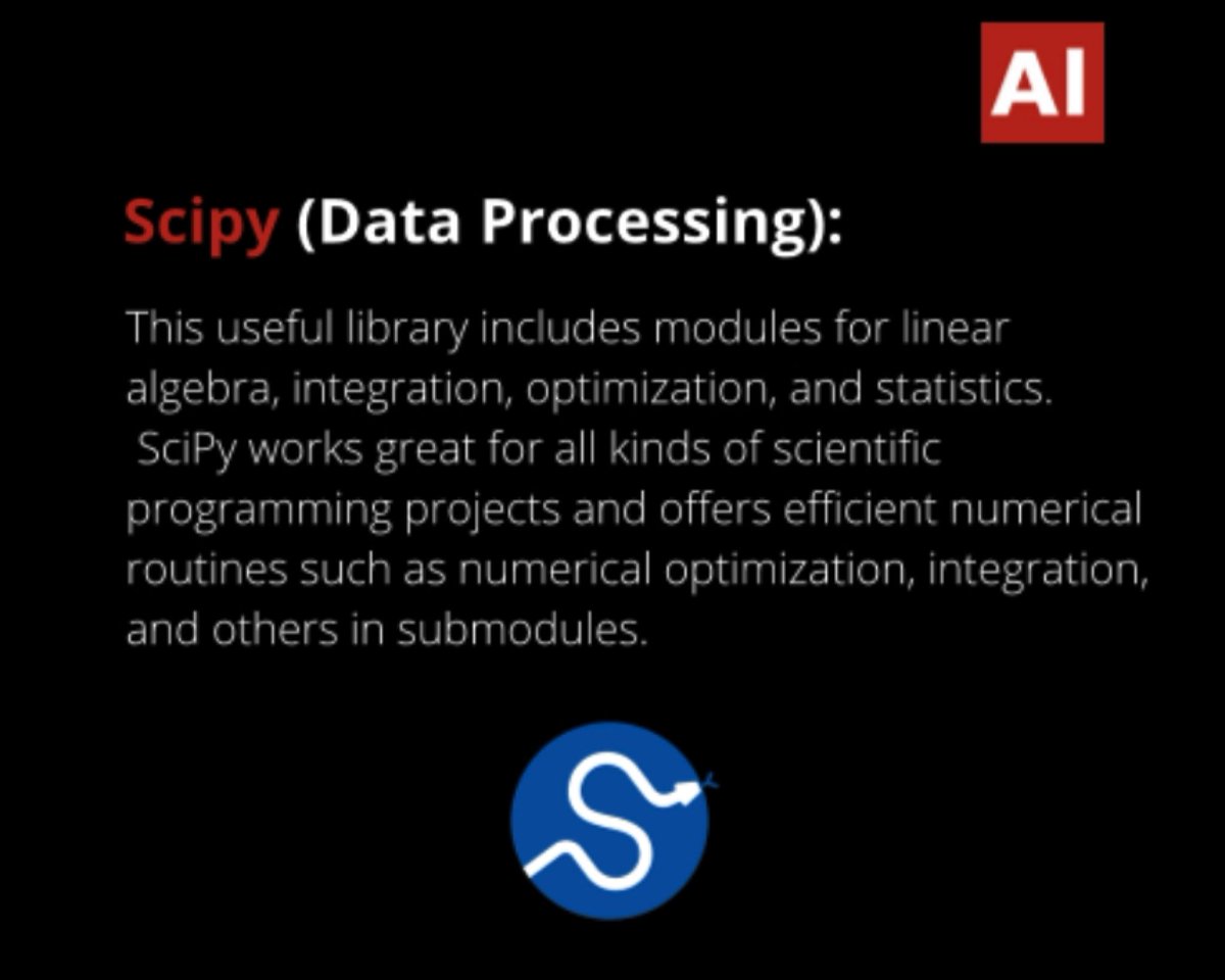 VedicDarshan's tweet photo. #SciPy is a free and open-source #Python library used for #scientific computing and technical computing.

#AI #javascript #Java #nodejs #programming #code #100DaysOfPython #100daysofcodechallenge #php #Laravel #dijango #reactjs #redux #DevOps #DEVCommunity #Angular #vuejs #BTC https://t.co/S1mWDdYA9L