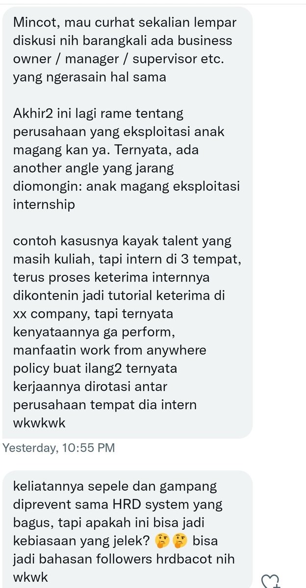 hrdbacot's tweet photo. Buat rekan-rekan owner/user/manager/spv, gimana tanggapannya tentang angle anak intern yang magang demi konten tapi ga perform? https://t.co/pB0YLssnf1