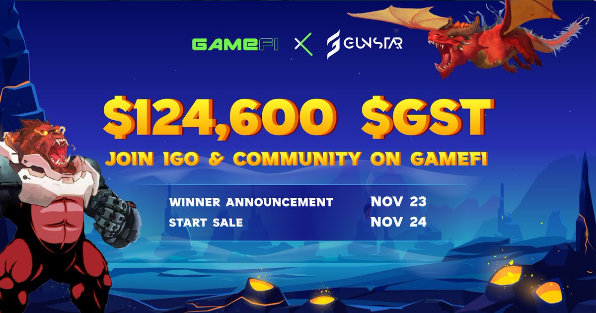 ⏳There is not much time left to register for the  <a href="/GunStar_io/">Gunstar Metaverse</a> $GST IGO pool whitelist!

Did you stake $GAFI and apply for the whitelist yet? 
💵IGO pool: hub.gamefi.org/#/buy-token/65

🎲Or join $GST Community pool #Gleam tasks here:
hub.gamefi.org/#/buy-token/66

x.com/GameFi_Officia…