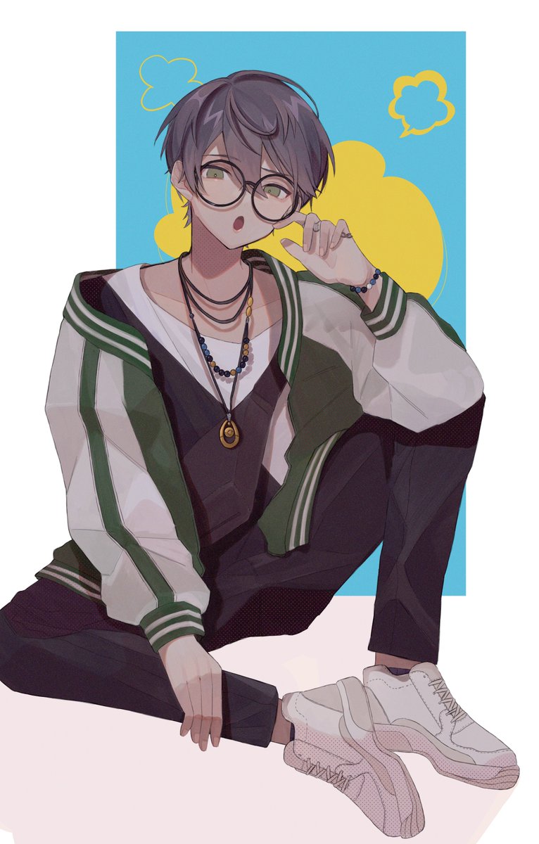 1boy male focus jacket solo jewelry pants glasses  illustration images