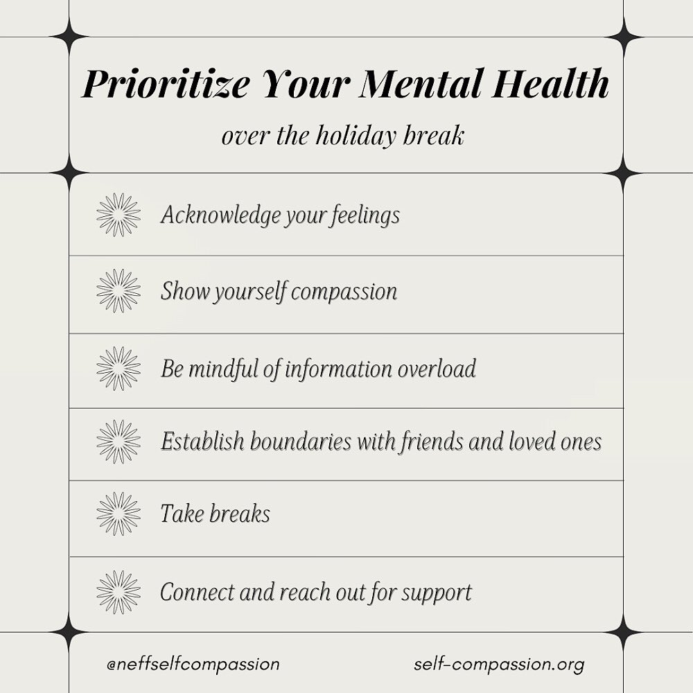 self_compassion's tweet photo. As we head into the week ahead we encourage to take these tips with you as reminders of ways to prioritize your mental health during this time of the year ✨  #selfcompassion https://t.co/N6ESeuZvzM