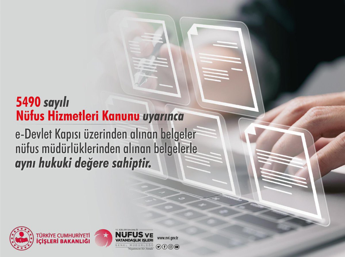 Nüfus ve vatandaşlık işleri ile ilgili e-Devlet kapısından yıllık yaklaşık 100 milyon belge üretilmekte bu belgeler nüfus müdürlüklerinden alınan belgelerle aynı hukuki değere sahiptir. Hayatı kolaylaştırmaya devam etmek için yeni haftaya Bismillah <a href="/TCNufus/">Nüfus ve Vatandaşlık İşleri Genel Müdürlüğü</a> #HayatınızınHerAnında
