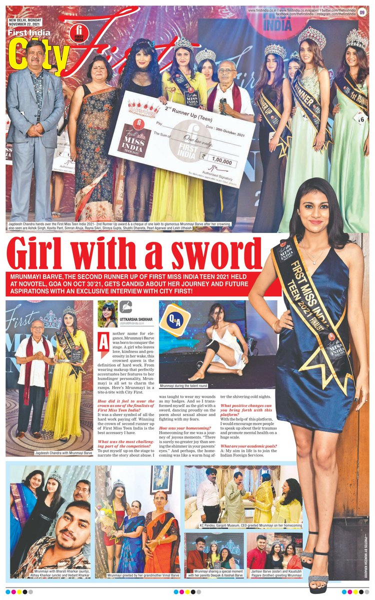 Firstmissindia's tweet photo. Girl with a sword 

MRUNMAYI BARVE, THE SECOND RUNNER UP OF #FIRSTMISSINDIATEEN2021 HELD AT NOVOTEL, GOA ON OCT 30’21, GETS CANDID ABOUT HER JOURNEY AND FUTURE ASPIRATIONS WITH AN EXCLUSIVE INTERVIEW WITH CITY FIRST! 

#FirstMissIndia #Goa #Fashion @thefirstindia @1stIndiaNews https://t.co/qcJ1ecXGKT